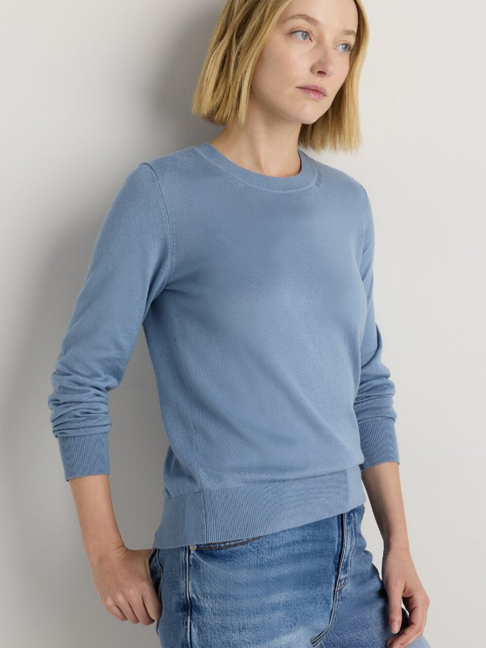 Cotton Cashmere Crew Sweater in Spring Blue
